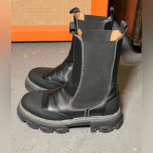 Ganni mid Chelsea black boot white stitch